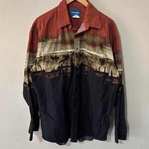 Vintage Wrangler Western Horse Ranch All Over Print Button Down Pearl Snap Shirt